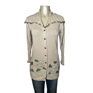 Vintage Storybook Knits Sweater Cardigan Womens XS Beige Floral Beaded Tonal